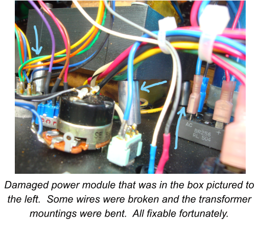 Bent transformer mounts & broken wires.